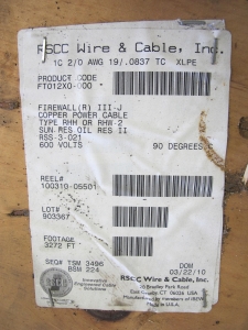 LOT (3272 FT) OF CABLE, ELECTRICAL TYPE, 2/0 AWG SIZE, 600V RATING, COPPER MATERIAL, 1 CONDUCTOR, POWER KIND. NON-SHIELDED, FLAME RETARDANT ETHYLENE PROPYLENE RUBBER INSULATED BLACK, MARK WITH CABLE CODE H1G & (630) CABLE, ELECTRICAL TYPE, 2/0 AWG SIZE, 600V RATING, COPPER MATERIAL, 1 CONDUCTOR, POWER KIND. NON-SHIELDED, FLAME RETARDANT ETHYLENE PROPYLENE RUBBER INSULATED BLACK, MARK WITH CABLE CODE H1G (W-44) LOADING & HANDLING FEE $15-